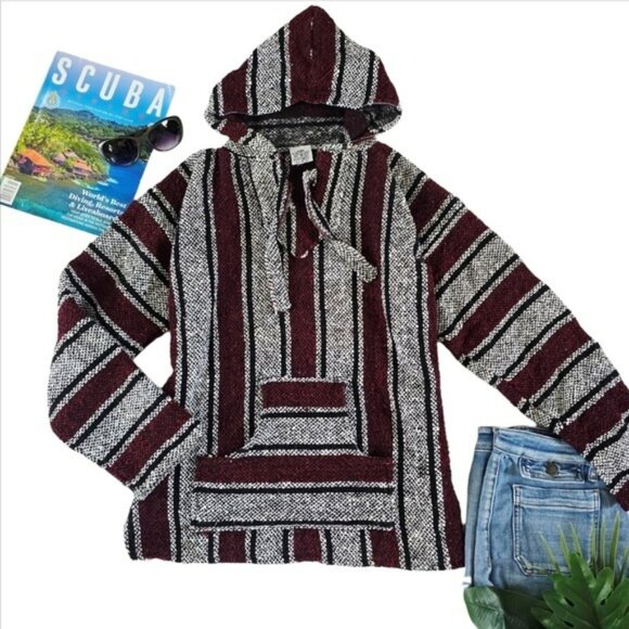 Unisex Baja Hoodie Mexican Poncho Sweater Striped Pullover Boho Surf Size Medium - Picture 1 of 13